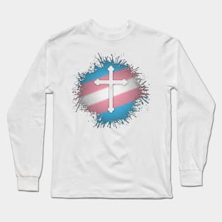 Paint Splatter Transgender Pride Christian Cross Symbol Long Sleeve T-Shirt